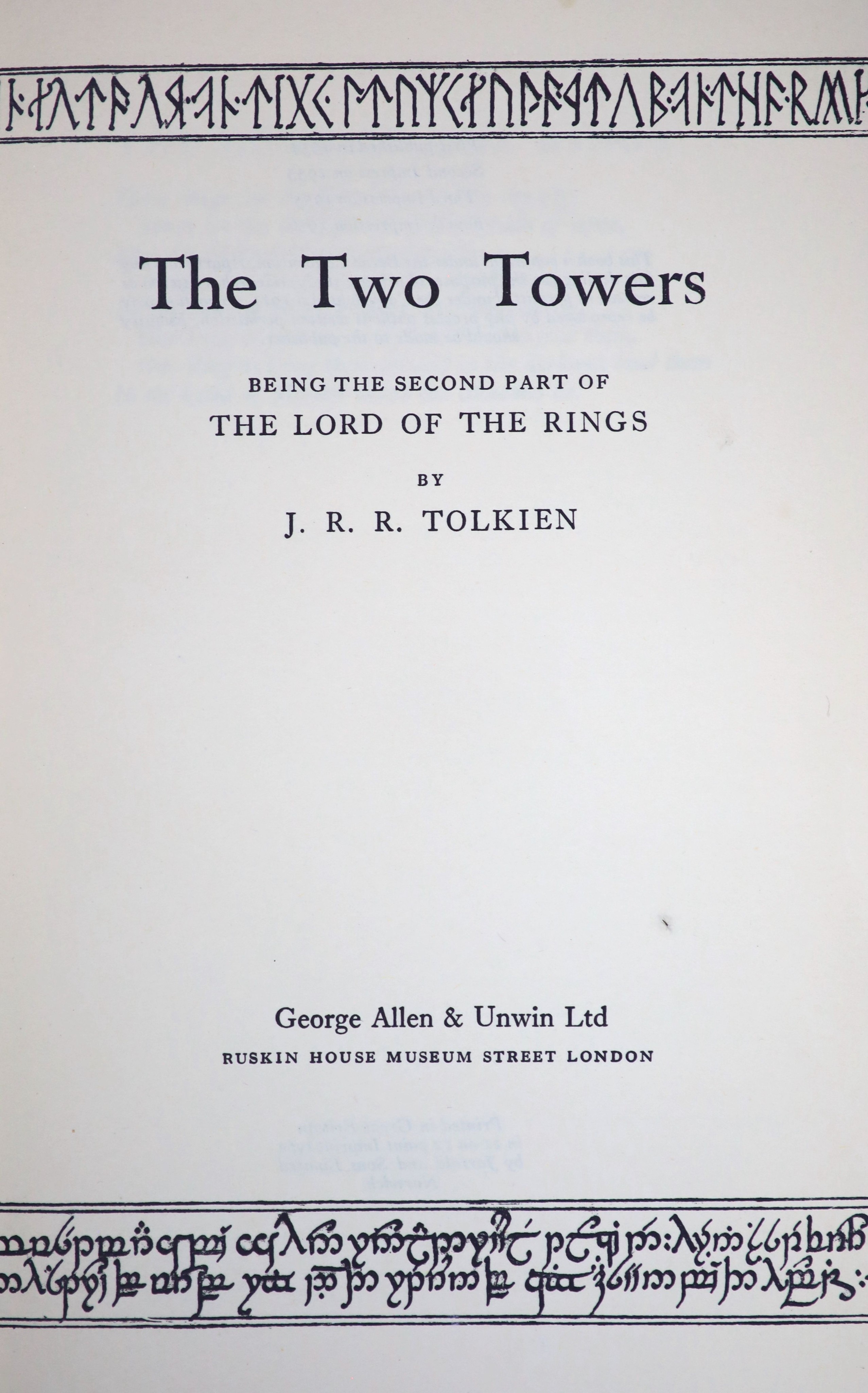 Tolkien, J.R.R - The Lord of the Rings, 3 vols, The Fellowship of the Ring, 5th impression, 1956; The Two Towers, 4th impression, 1956 and The Return of the King, 2nd impression, 1955, rebound red cloth, school prize bin